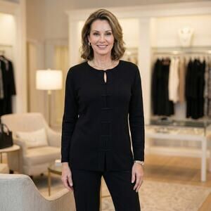 Misook Women's Black knit cardigan jacket knot button Mandarin collar Medium